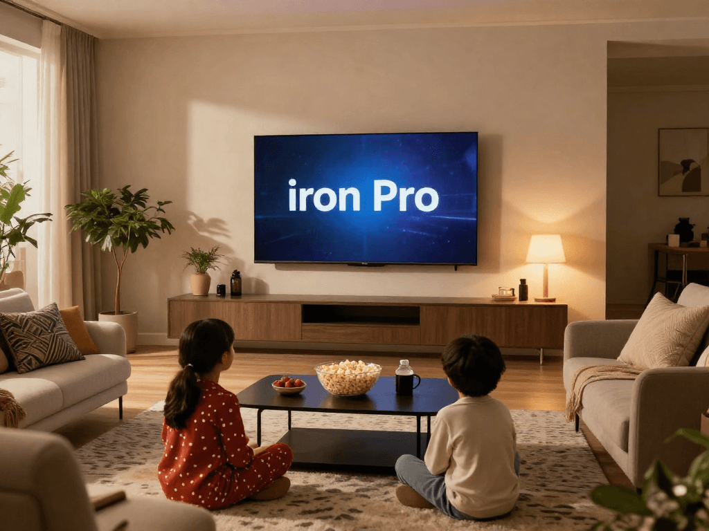 La télévision Iron TV Pro au centre d'un salon moderne où une famille profite d'une soirée cinéma ensemble.