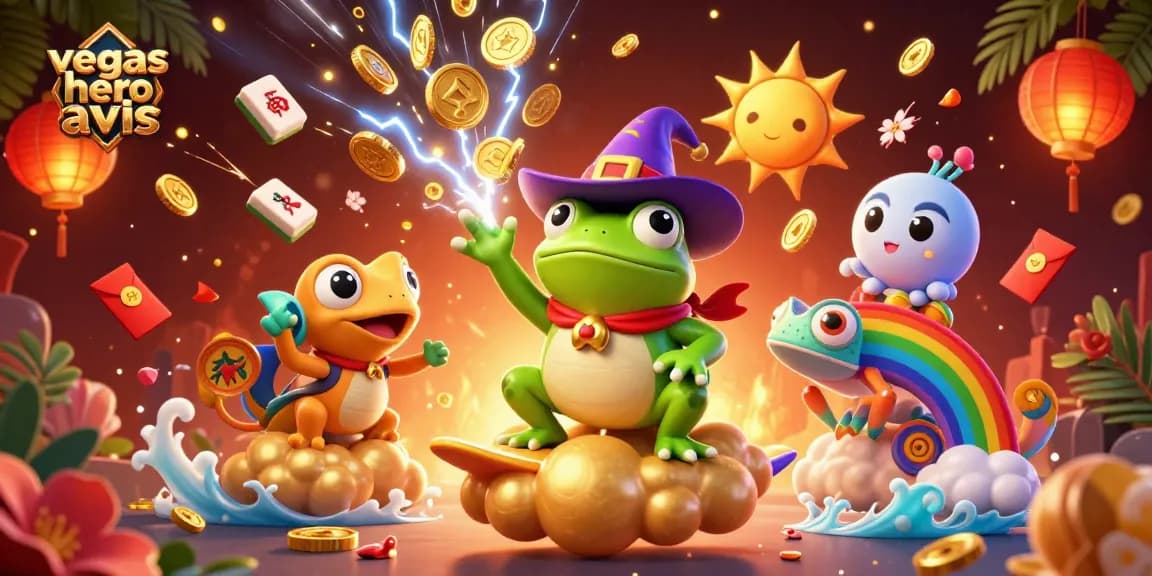 Évaluez Vegas Hero casino avis avec une illustration d'un grenouille sorcier, nuages dorés, et pièces volantes.