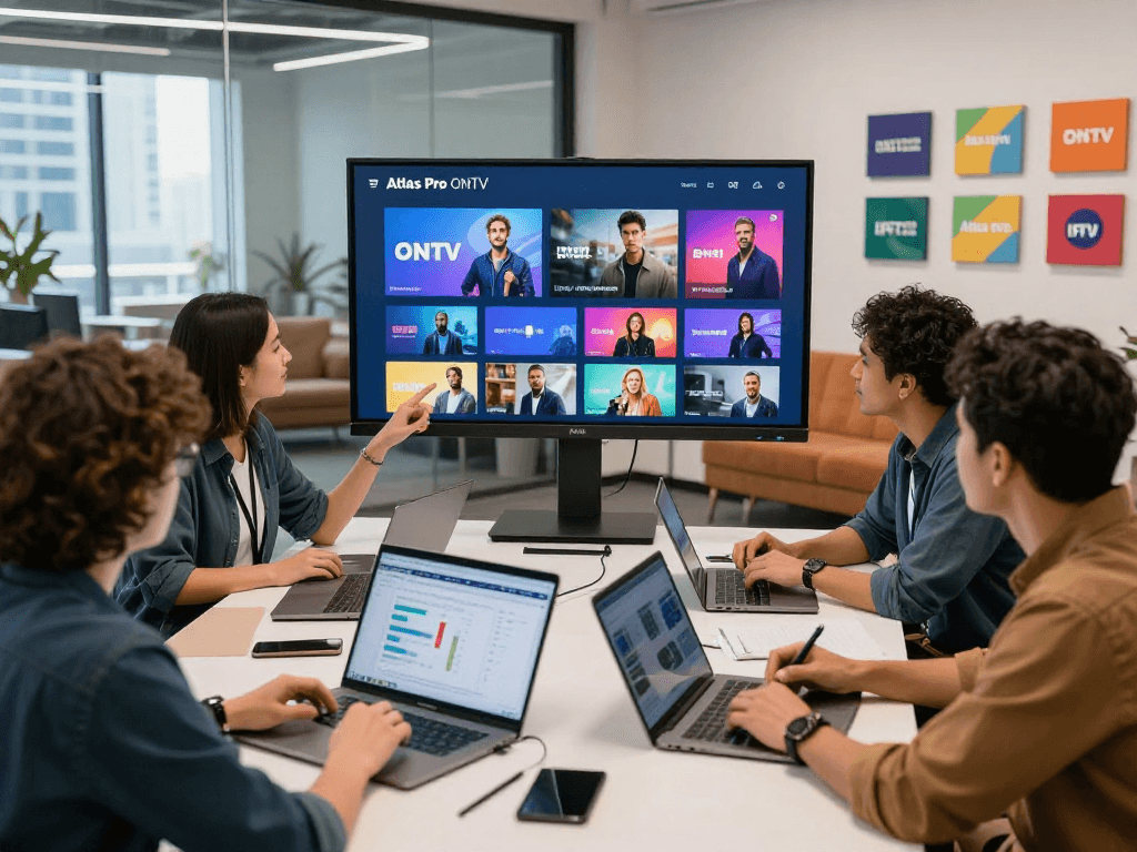 Équipe découvrant Atlas Pro ONTV dans un bureau moderne, affichant des chaînes IPTV colorées et des films.