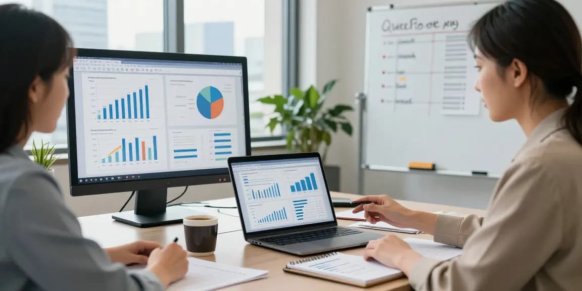 Lead Roedl professionals collaborating in a modern consulting office with data analysis tools and strategic planning elements.