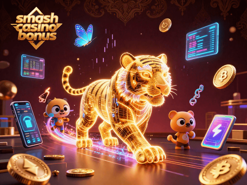 Obtenez le smash casino bonus avec un tigre doré en 3D dans un paysage de casino numérique, entouré de crypto-monnaies.