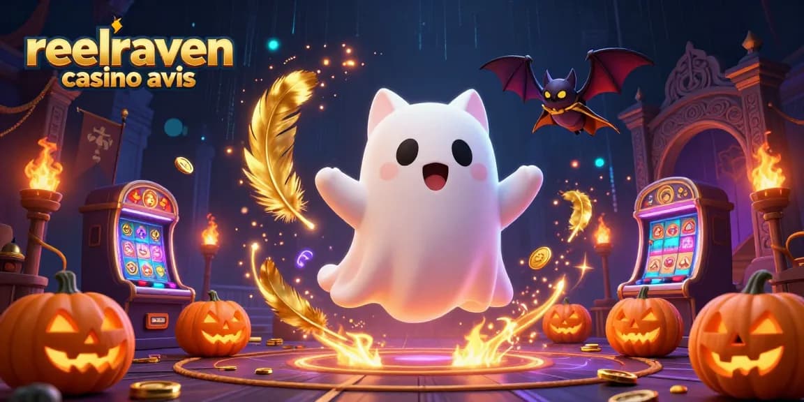 Évaluez les options de jeu sur ReelRaven casino avis avec un chat fantôme amical et une chauve-souris en cape dorée.