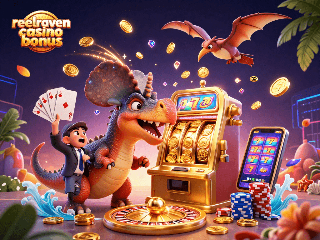 Visuel dynamique du bonus ReelRaven casino, illustrant un pachycephalosaurus interagissant avec une machine à sous dorée.