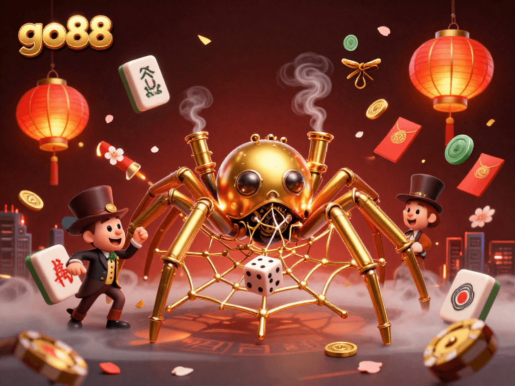 Experience go88's vibrant casino world with a dynamic 3D illustration of steampunk elements, dice, and colorful gaming symbols.