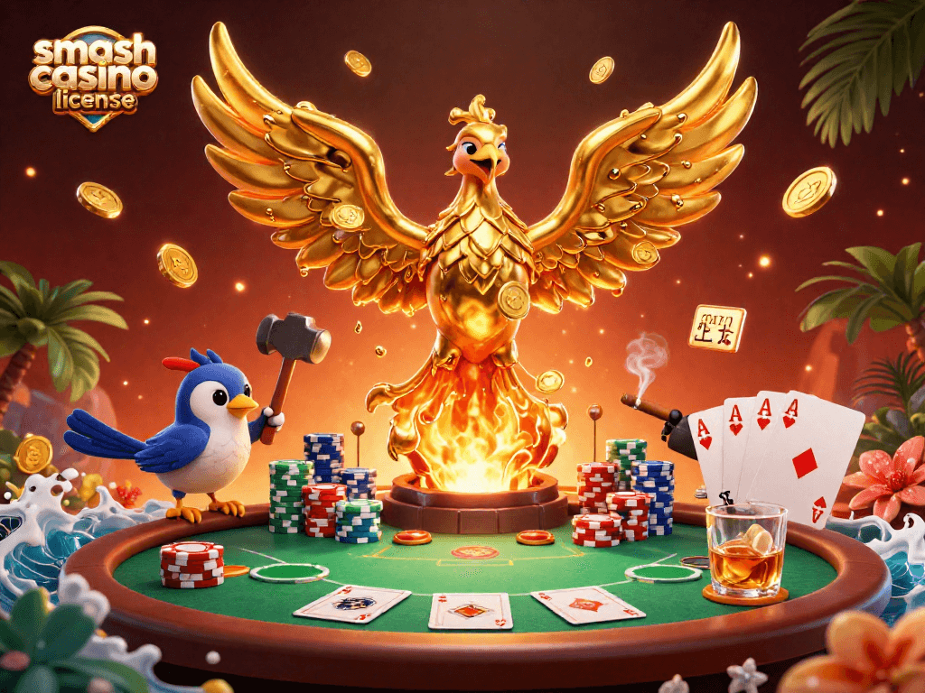 Découvrez la sécurité de la licence smash casino avec un phénix doré et des jetons de poker.