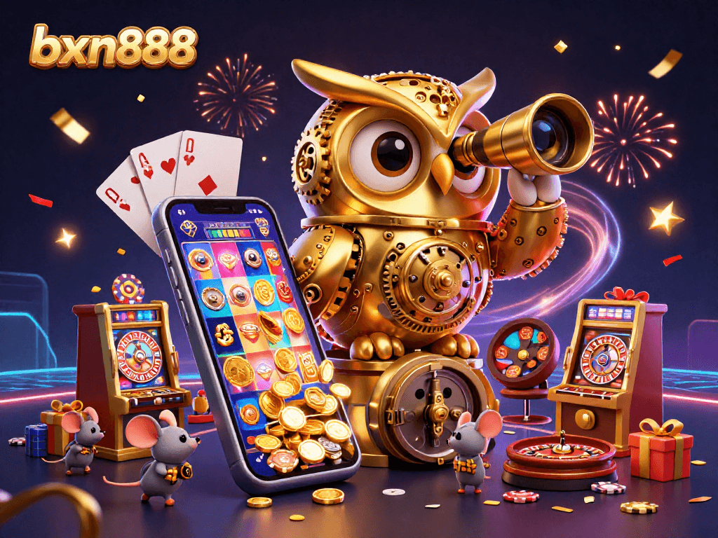 Experience thrilling gameplay with bxn888 as a golden owl oversees the action in an engaging casino scene.