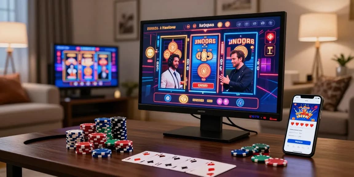 Scène de casino en ligne moderne illustrant le meilleur casino en ligne avec interface numérique, joueur engagé et ambiance conviviale.