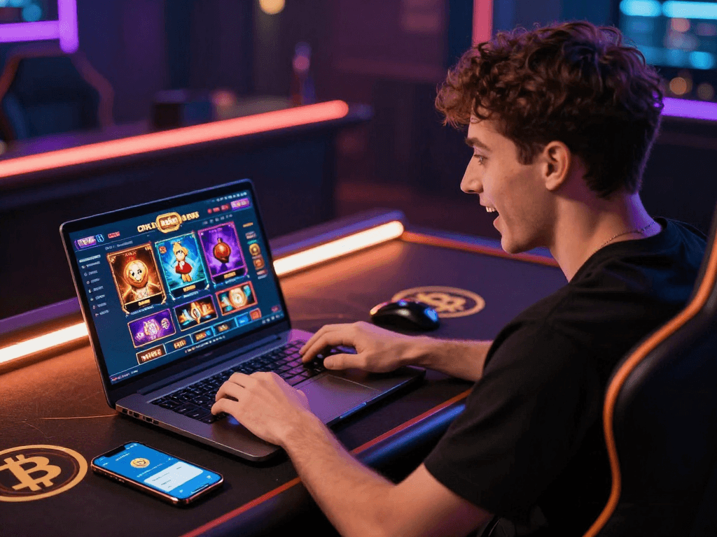 Un joueur dans un casino en ligne avec retrait instantané, enthousiaste, interagissant avec un ordinateur et un smartphone affichant des cryptomonnaies.