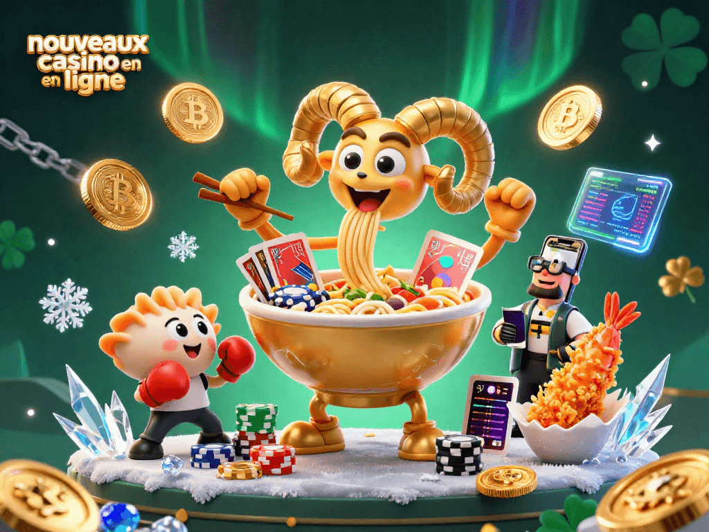 Plongez dans l'univers des nouveaux casinos en ligne avec cette illustration énergique représentant des personnages emblématiques et des éléments de jeu captivants.