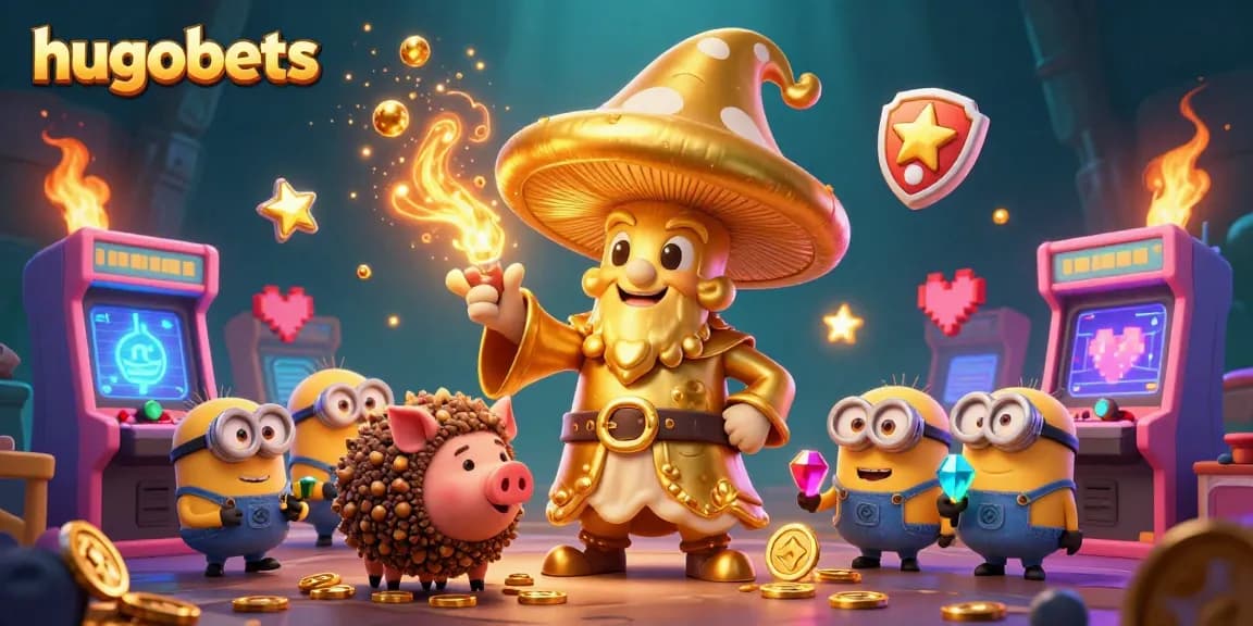 Experience the magic at hugobets with vibrant casino elements and golden treasures swirling in a detailed 3D scene.