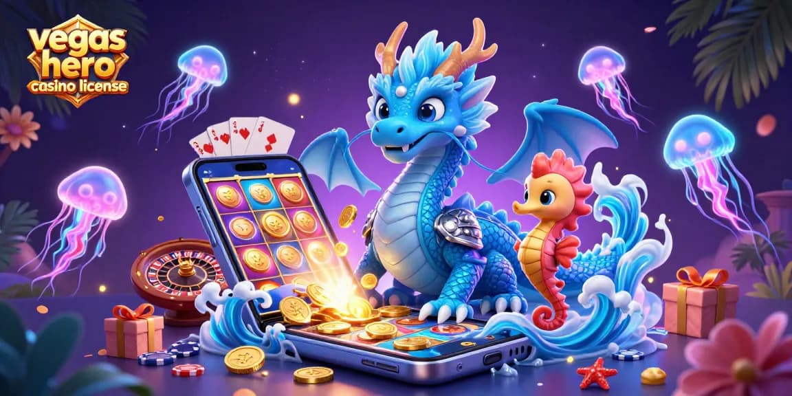 Illustration représentant la licence du casino Vegas Hero avec un dragon et des éléments de jeu de casino lumineux.