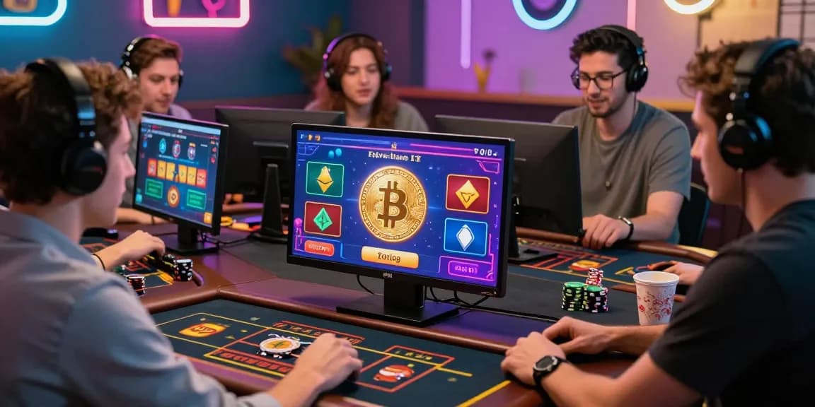 Scène dynamique de casino crypto avec joueurs engagés, symboles de cryptomonnaies et interface de jeu moderne.