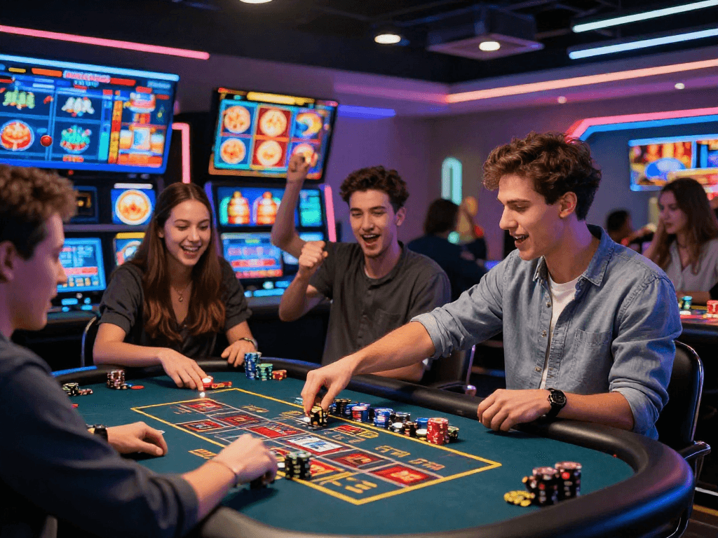 Casino en ligne France : joueurs engagés autour d'une table virtuelle dans un environnement lumineux et dynamique.