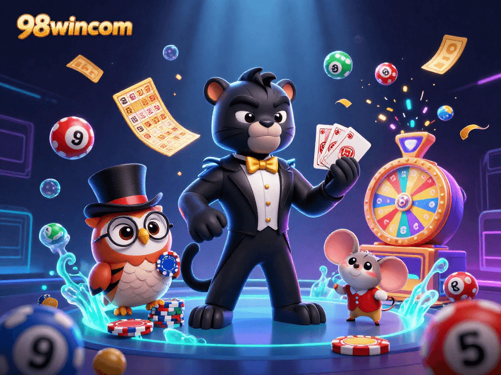 Win big with 98wincom’s vibrant casino scene featuring playful characters and dynamic lottery elements.