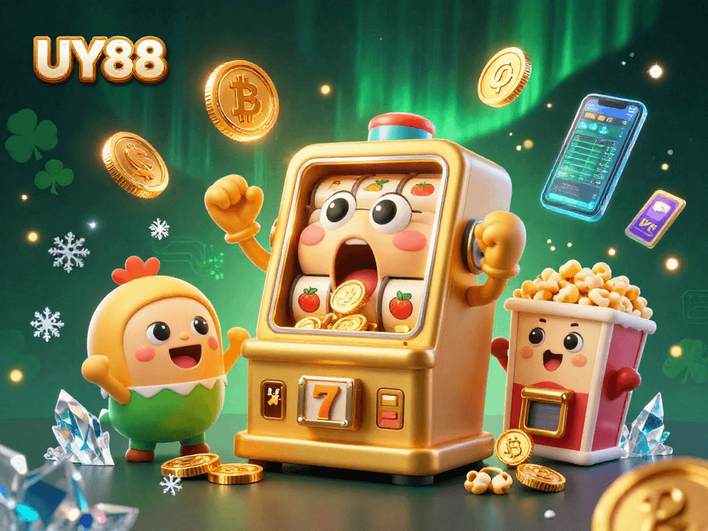 Spin the reels at UY88, showcasing a golden slot machine hitting a jackpot amidst coins and neon elements.
