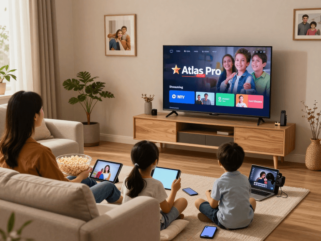 Vision d'une famille regardant Atlas pro ontv sur un grand téléviseur dans un salon moderne et chaleureux.