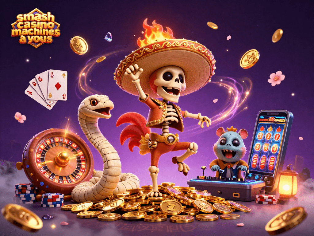 Jouez aux machines à sous Smash Casino avec des symboles chanceux et des gains en or.