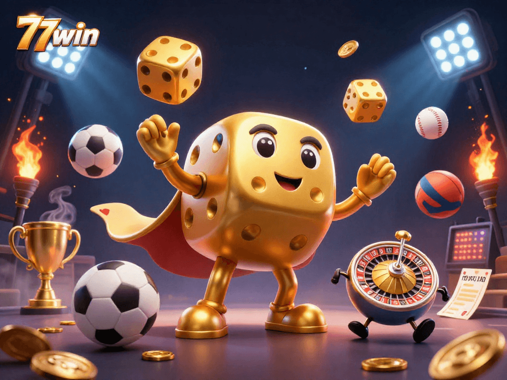 Experience thrilling moments at 77win with dynamic casino elements like golden dice and sports balls.