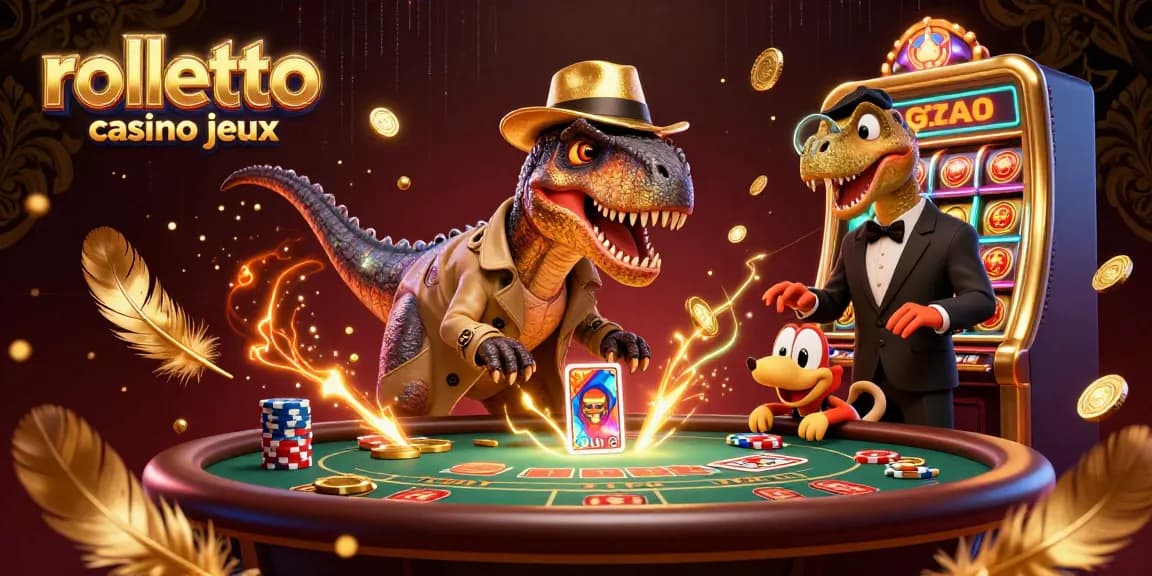 Découvrez les jeux du rolletto casino jeux avec un dinosaure jouant aux cartes.