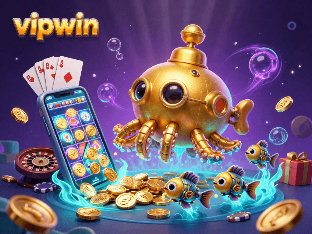 Experience the magic of gambling with vipwin as the golden kraken submarine surfaces in a sea of coins.