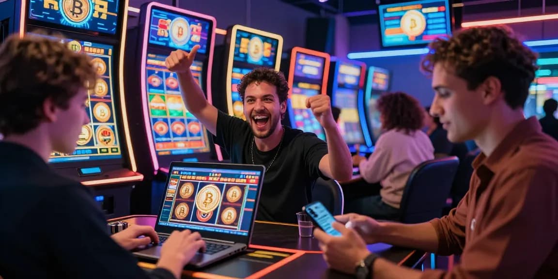 Des joueurs expérimentent un casino en crypto sur leurs ordinateurs et smartphones, entourés de lumières vives et d'éléments modernes.