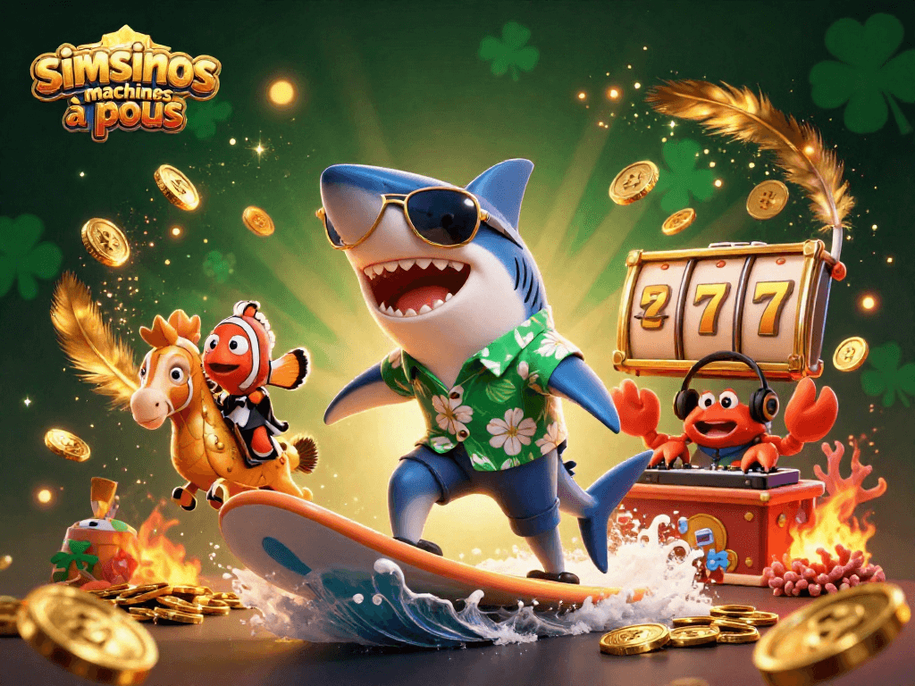 Jouez aux machines à sous Simsinos avec une illustration de requin et poisson clown, ambiance de casino.