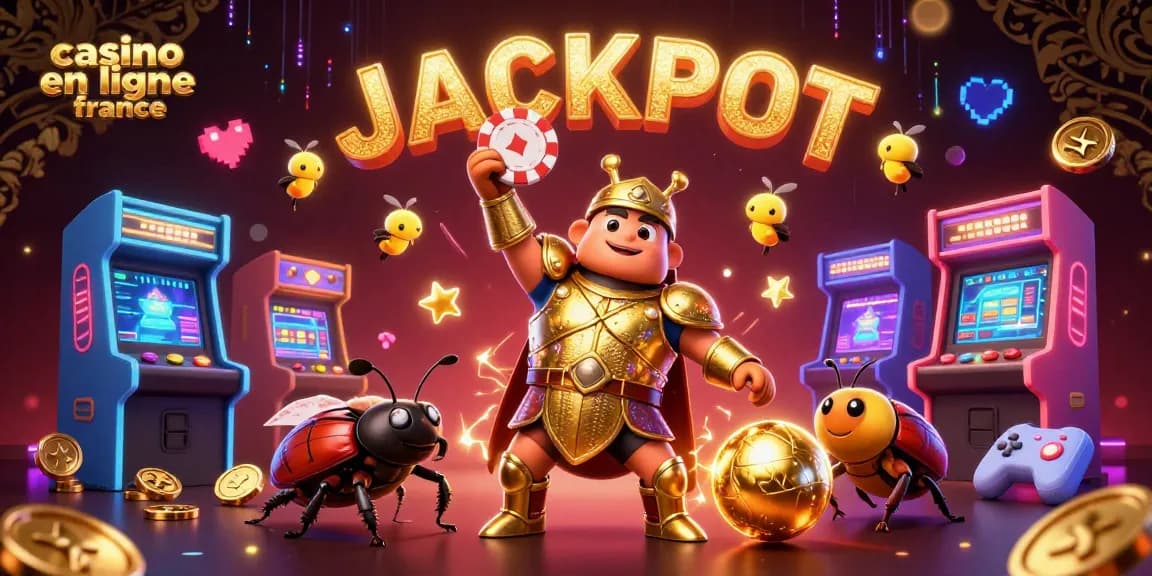 Gagnez au casino en ligne France avec le scarabée Hercule célébrant le jackpot