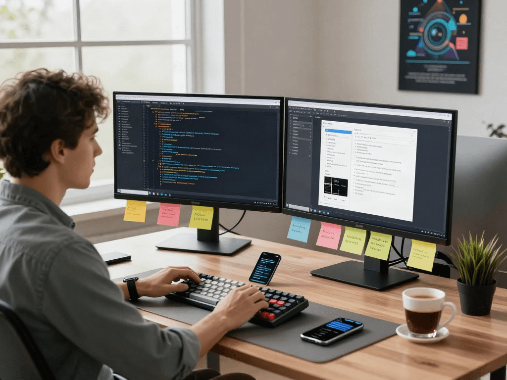 Développeur logiciel utilisant Atlas pro ontv dans un bureau moderne avec lumière naturelle.