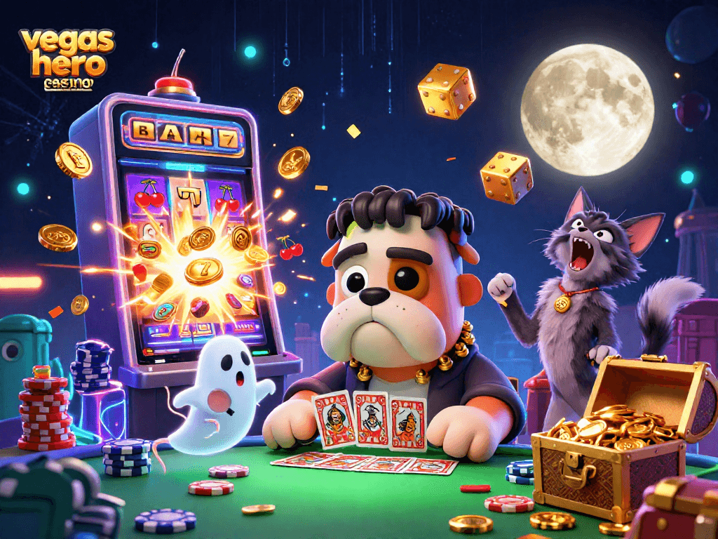 Illustration de vegas hero casino paiements montrant des personnages de casino entourés de jetons et machines à sous.