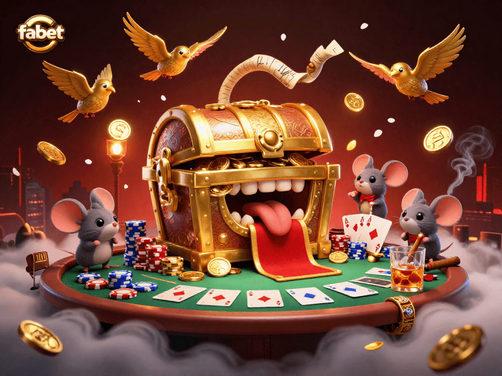 Experience the thrill of fabet with gold-coin treasure chests and poker excitement in this dynamic 3D illustration.