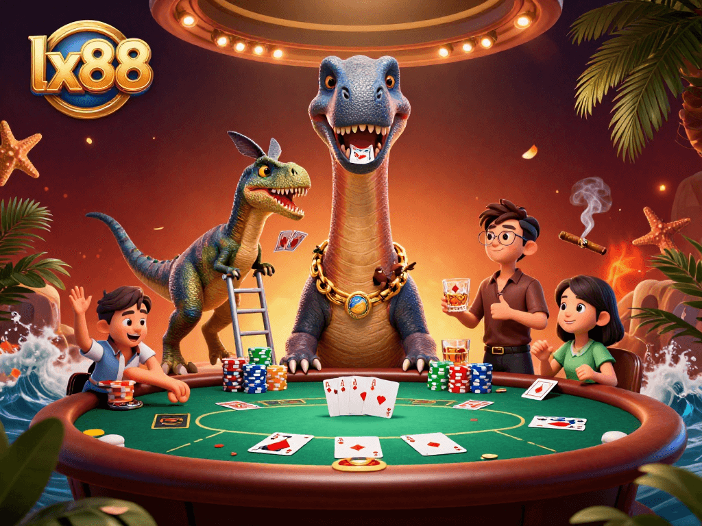 Experience the excitement with lx88 as a dinosaur dealer reigns over a colorful poker table in this dynamic casino scene.