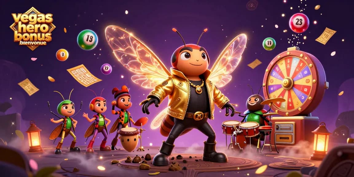 Vivez l'expérience du bonus de bienvenue Vegas Hero avec des personnages dynamiques évoluant dans une ambiance casino.