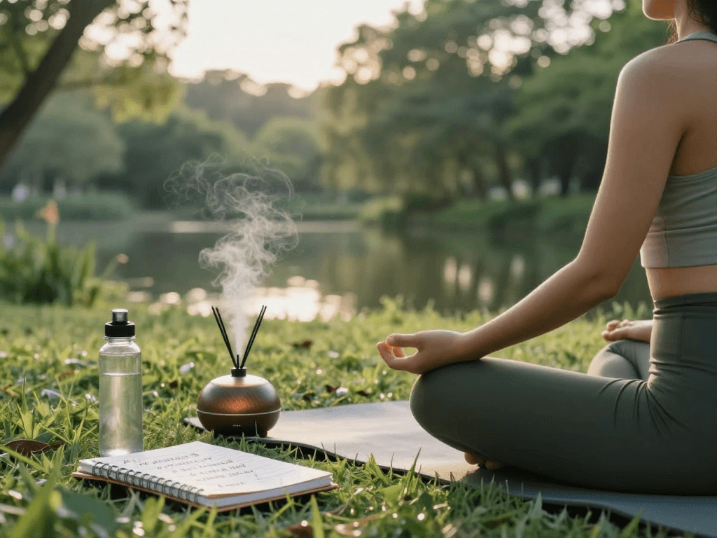 Mindfulness in nature with nohu life as person practices serene wellness techniques outdoors.