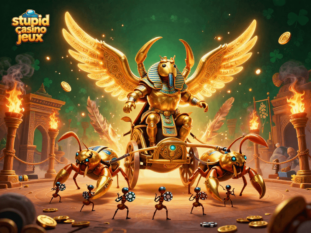 Découvrez les jeux Stupid Casino avec une illustration captivante d'un scarabée doré, représentant le monde des jeux de casino.