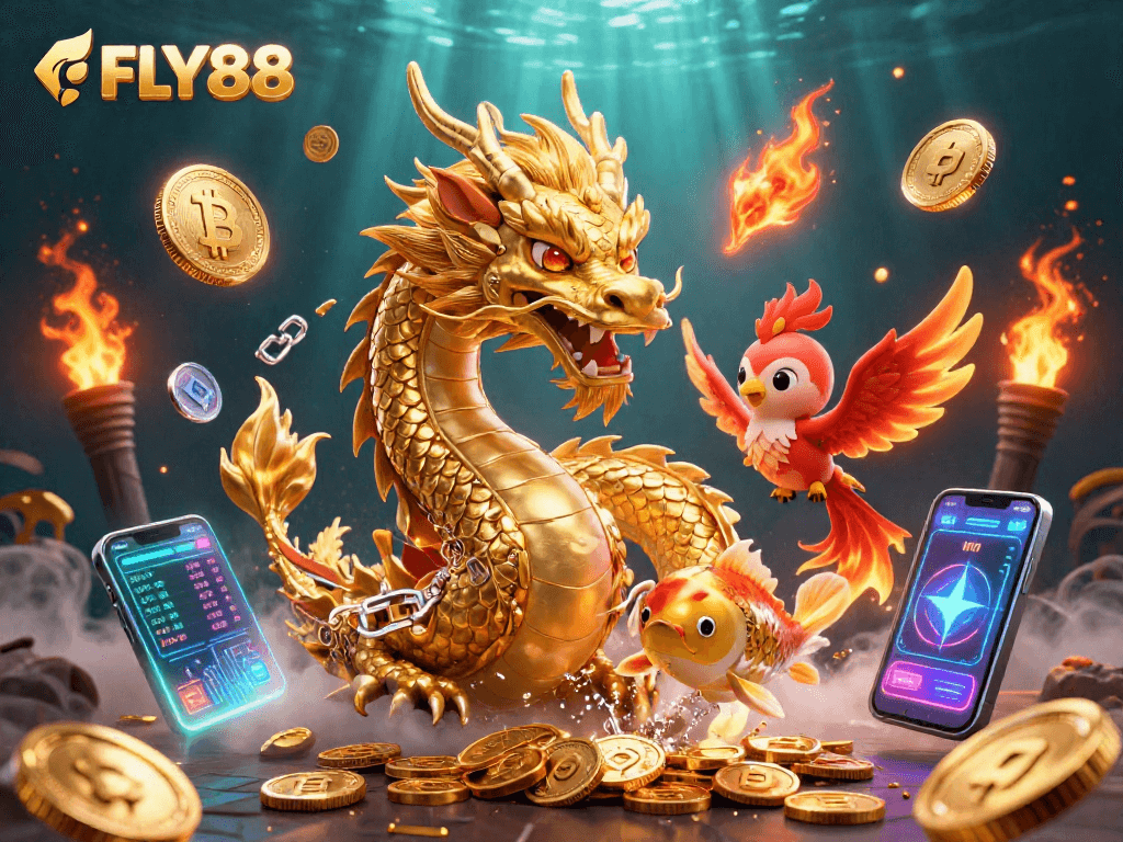 Engage with FLY88's vibrant casino experience featuring a dragon, phoenix, and koi fish amidst coins.