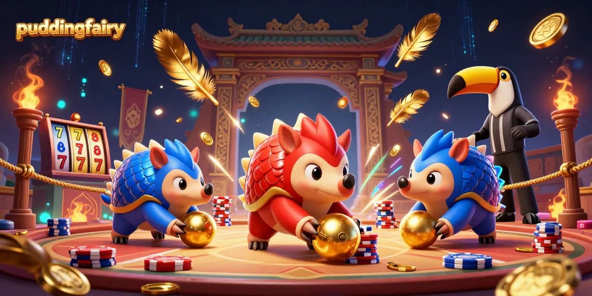Puddingfairy showcases rival pangolins competing in a lively gaming scene filled with poker chips and slot elements.
