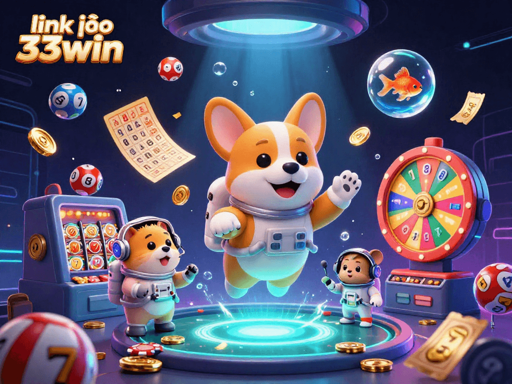 Join the gaming excitement with link vào 33win, featuring a dynamic space casino scene with fun characters and gaming elements.