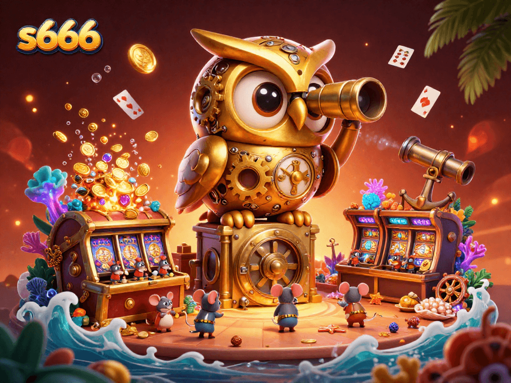 Experience thrilling gameplay at s666 with a vibrant casino scene featuring a massive golden owl and lively slot machines.