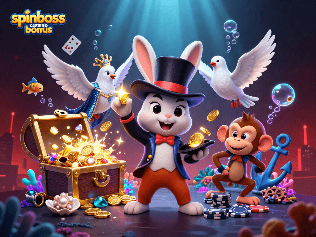 Attirez des gains avec le bonus SpinBoss Casino, une scène remplie d'action et de mystère.