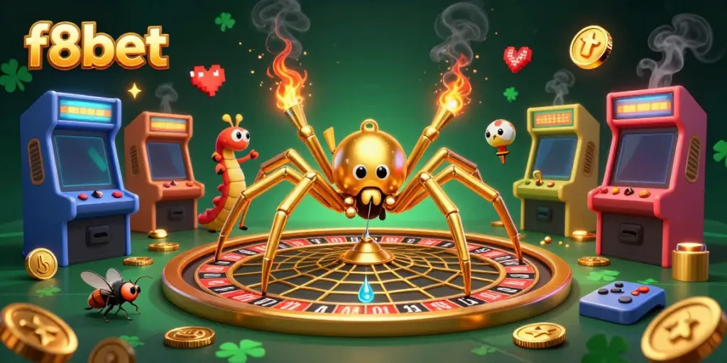 Experience the thrill of betting at f8bet with a vibrant casino-themed 3D scene featuring a roulette wheel.