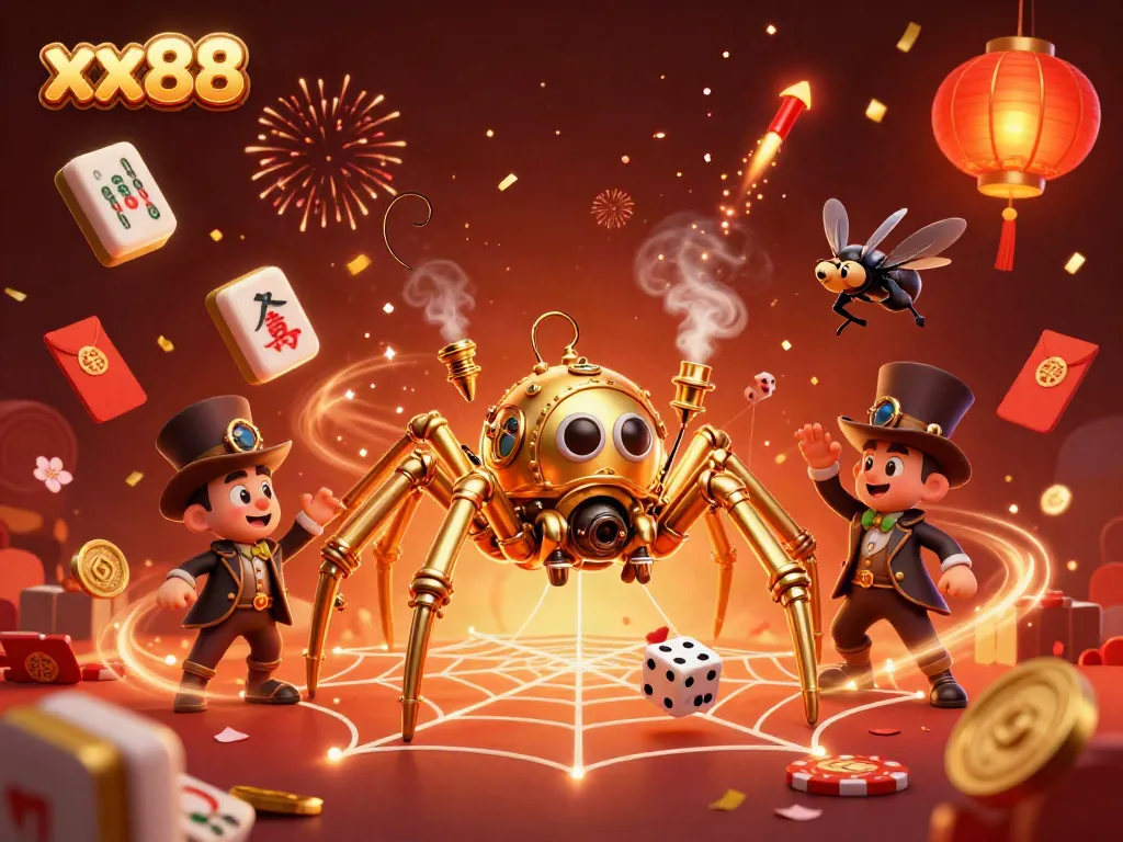Engage with exciting xx88 gaming elements including a steampunk spider and vibrant casino visuals.