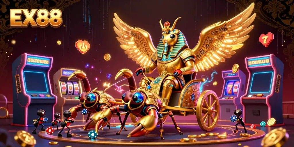 Experience thrilling casino adventures with EX88 through a vibrant digital illustration featuring captivating game elements.