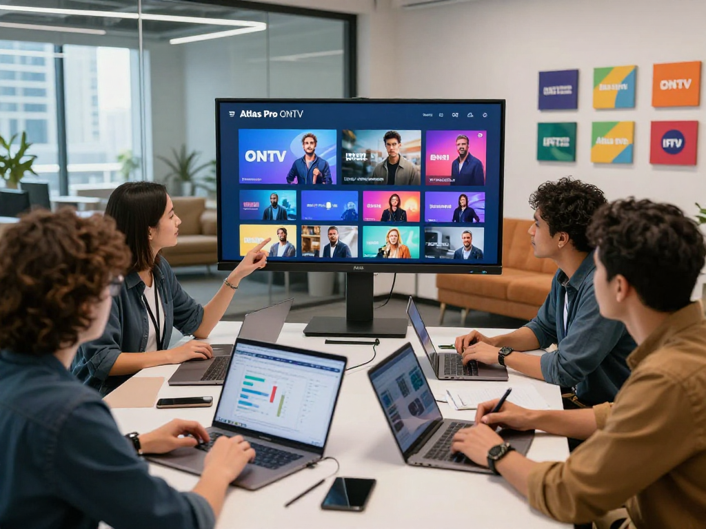 Équipe découvrant Atlas Pro ONTV dans un bureau moderne, affichant des chaînes IPTV colorées et des films.
