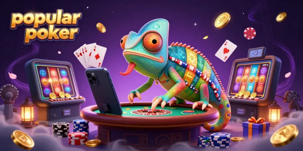 Engaging scene of a colorful chameleon casino owner overseeing popular online poker, surrounded by dynamic chips and cards.