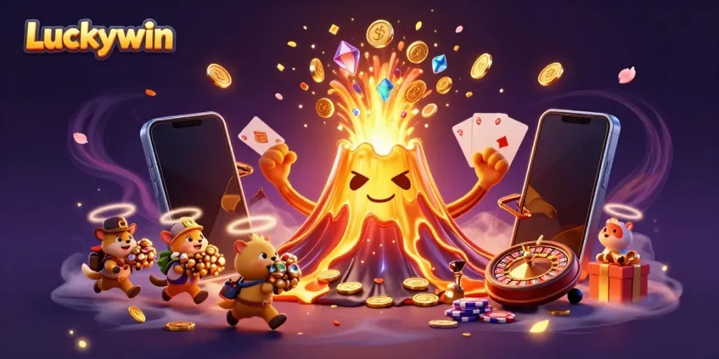 Experience the thrill of Luckywin with a golden volcano erupting treasures in a vivid casino scene.