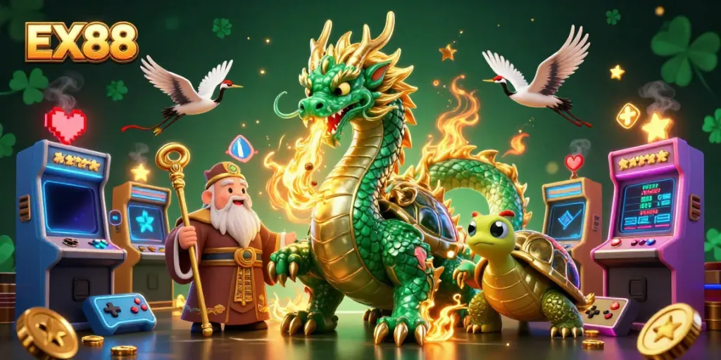 Play thrilling games at EX88 with unique characters and vibrant casino elements in a fantastical setting.