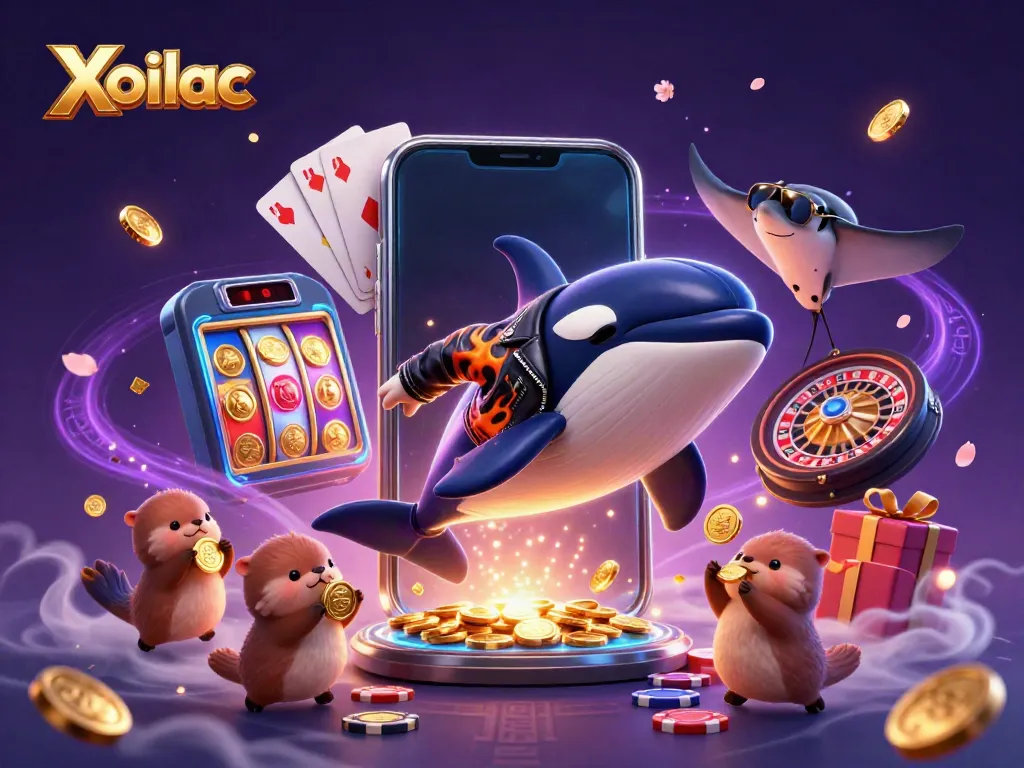 Xoilac features a cartoon orca whale, stingray, and sea otters with coins surrounded by casino elements