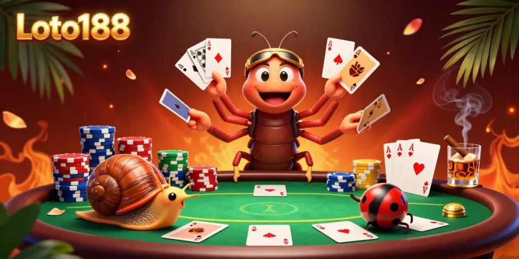 Loto188 showcases an energetic casino scene with vibrant card games and exciting characters, emphasizing fun gaming experiences.