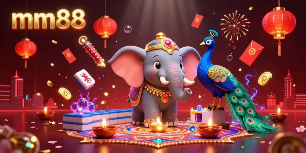 Join the excitement at mm88 with a vibrant scene featuring an elephant and peacock amidst colorful gambling elements.