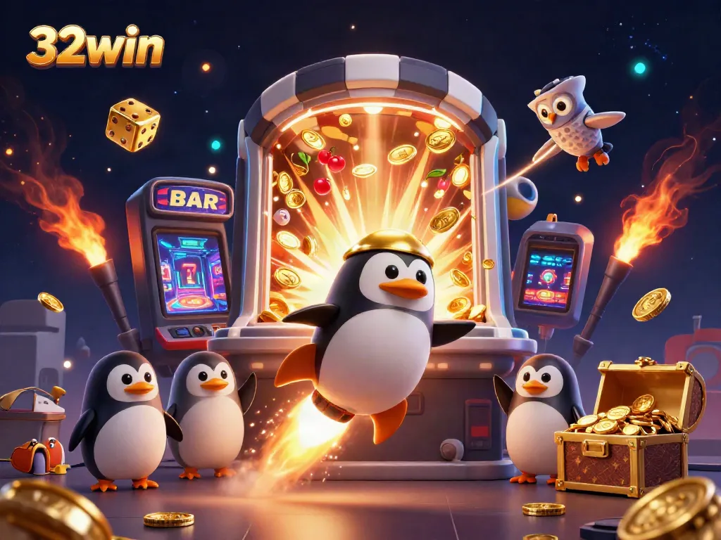 32win penguin casino scene with slots, golden coins, and vibrant game elements